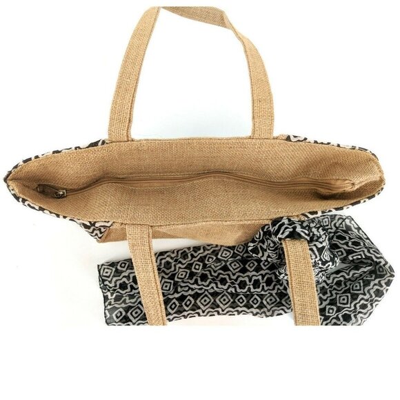Cypress Home Shoulder Bag With Scarf Jute Beige Black White Coated‎ Lining - Picture 4 of 9